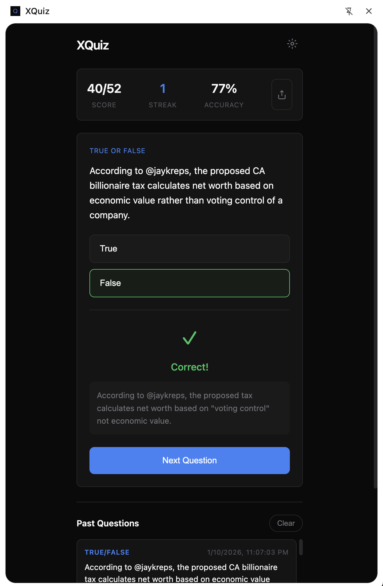 XQuiz quiz interface showing a true/false question with score, streak, and accuracy tracking