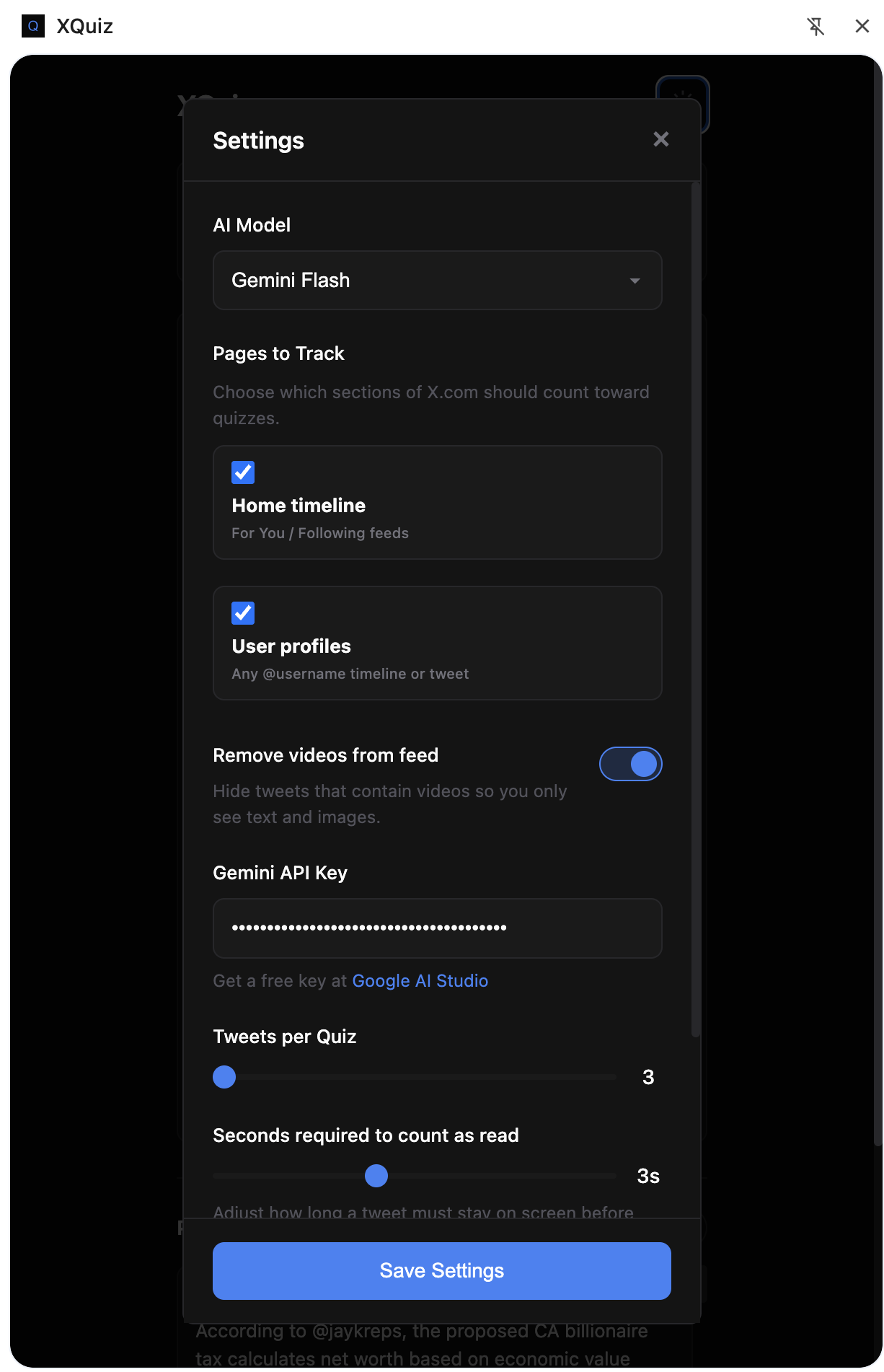 XQuiz settings panel with AI model selection, pages to track, and quiz frequency controls
